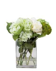 Hydrangeas with Roses & Sedum - Glass Vase